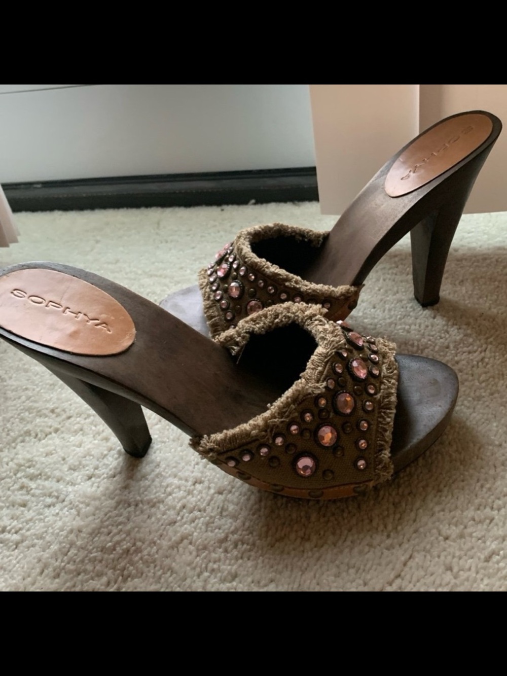 Brown Studded Slide Mules with Pink Gems